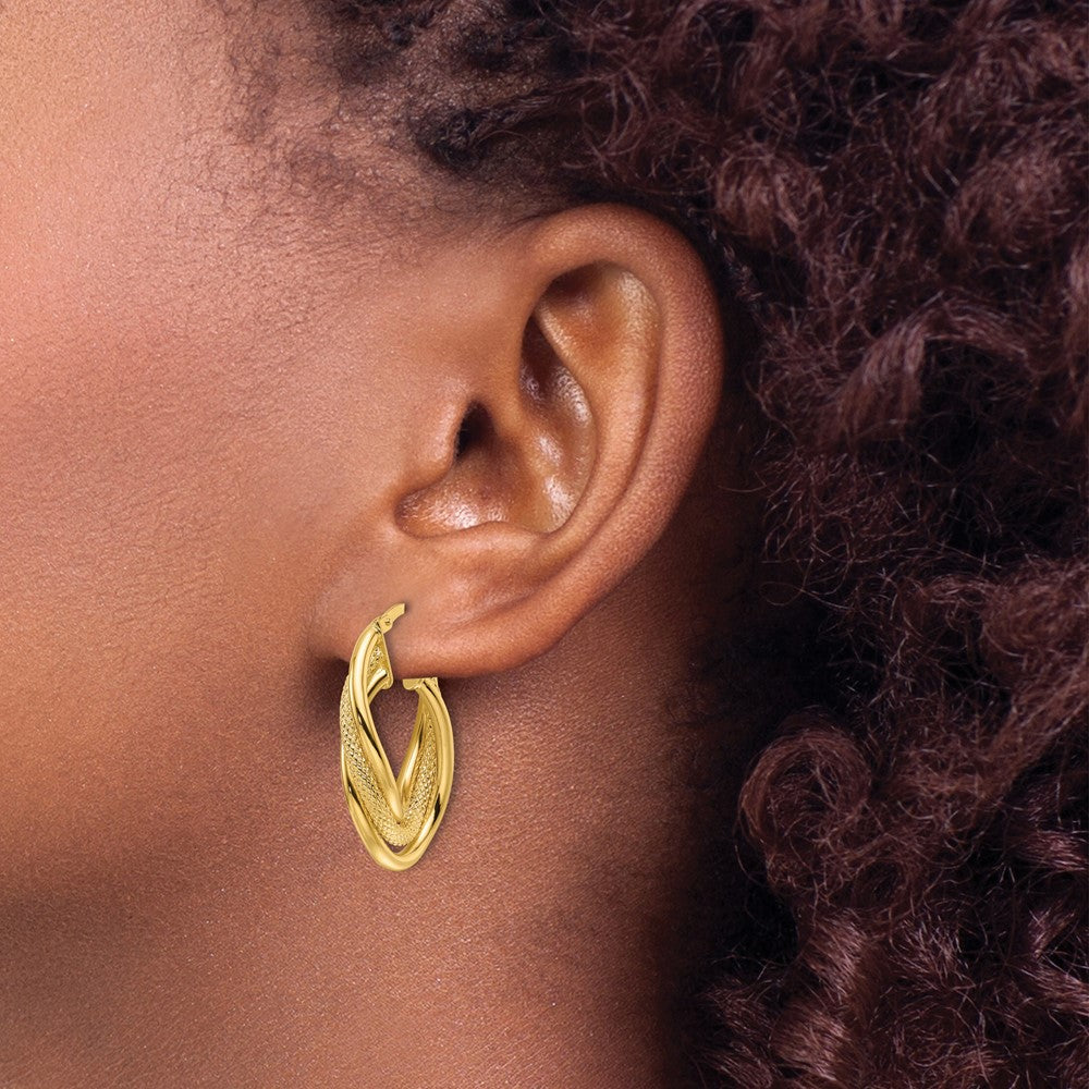 14K Yellow Gold Polished Textured & Intertwined Oval Hoop Earrings