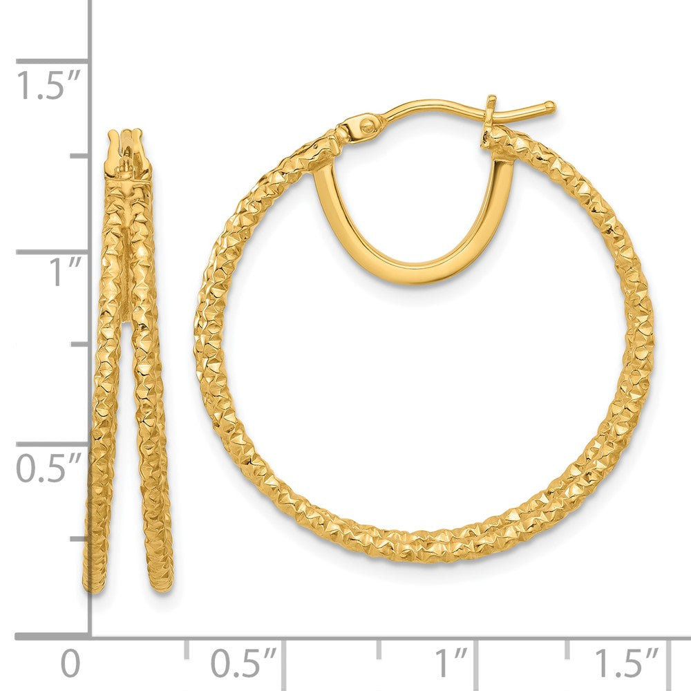 14K Yellow Gold Polished and Textured Double Circle Hoop Earrings