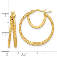 14K Yellow Gold Polished and Textured Double Circle Hoop Earrings
