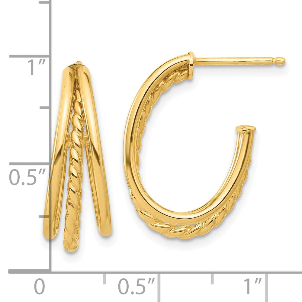 14K Yellow Gold Polished and Twist Oval Multi Row J-Hoop Post Earrings