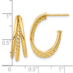14K Yellow Gold Polished and Twist Oval Multi Row J-Hoop Post Earrings