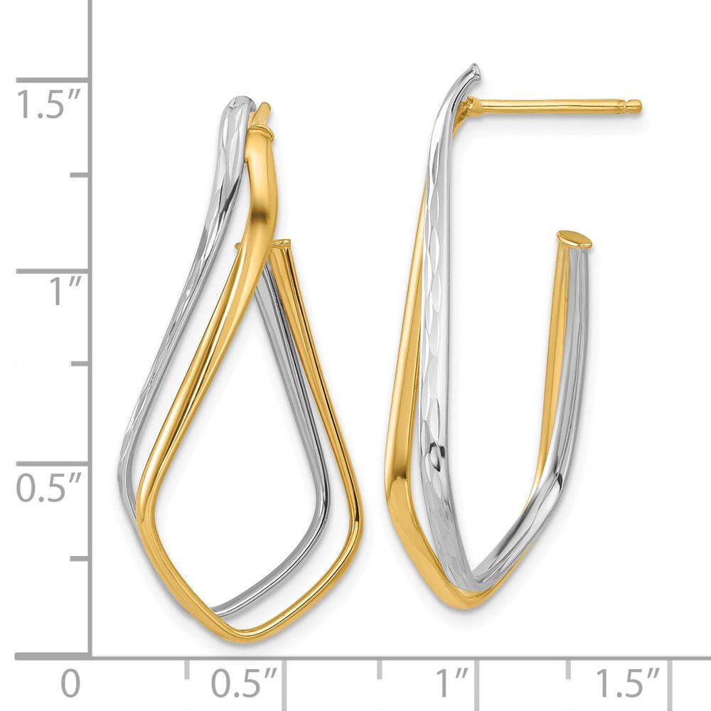 14K Two-Tone Gold Polished Diamond-cut Twisted J-Hoop Post Earrings