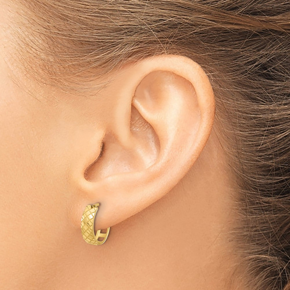 14K Yellow Gold Polished and Etched Hinged Hoop Earrings