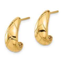 14K Yellow Gold Polished and Etched J-Hoop Post Earrings