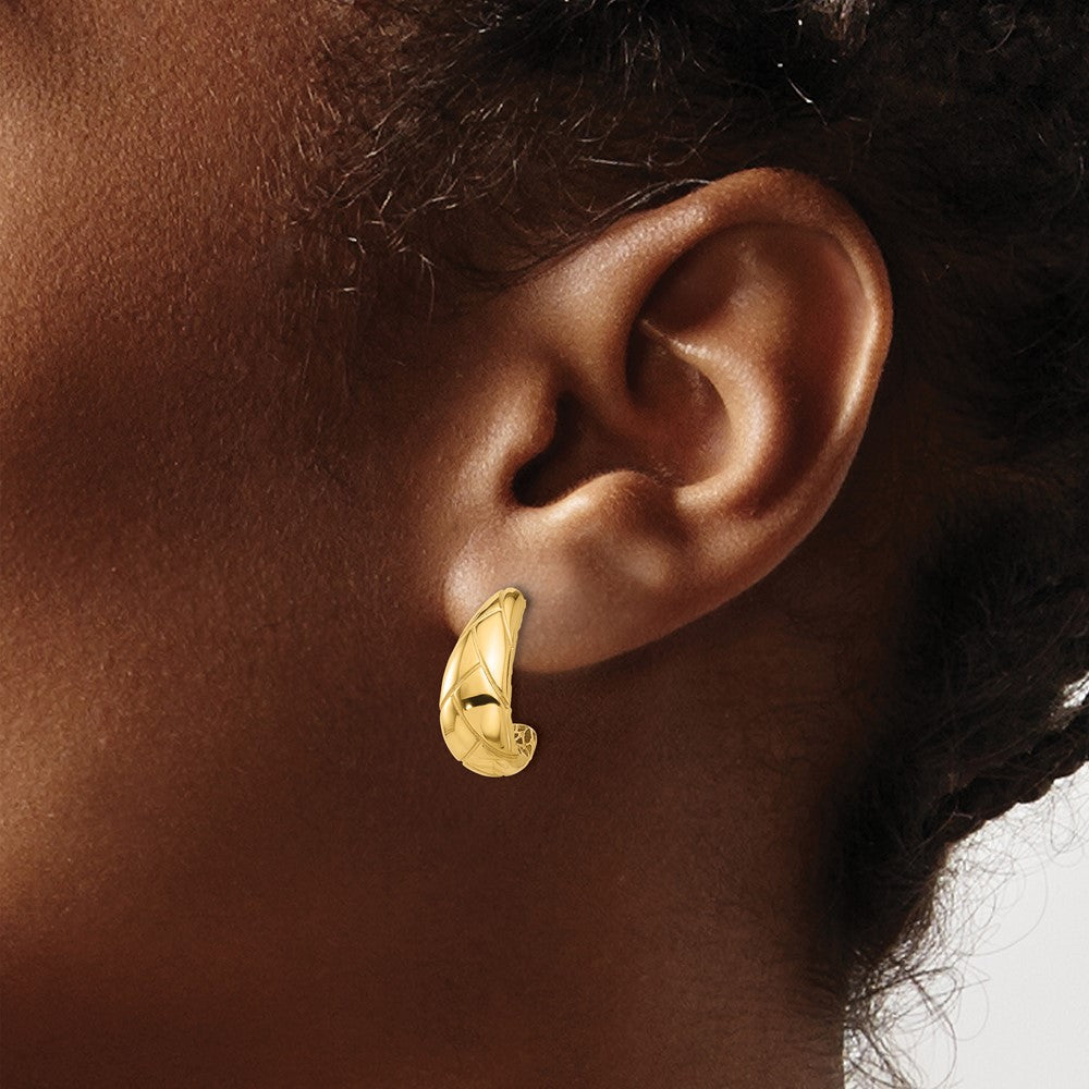 14K Yellow Gold Polished and Etched J-Hoop Post Earrings
