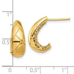 14K Yellow Gold Polished and Etched J-Hoop Post Earrings