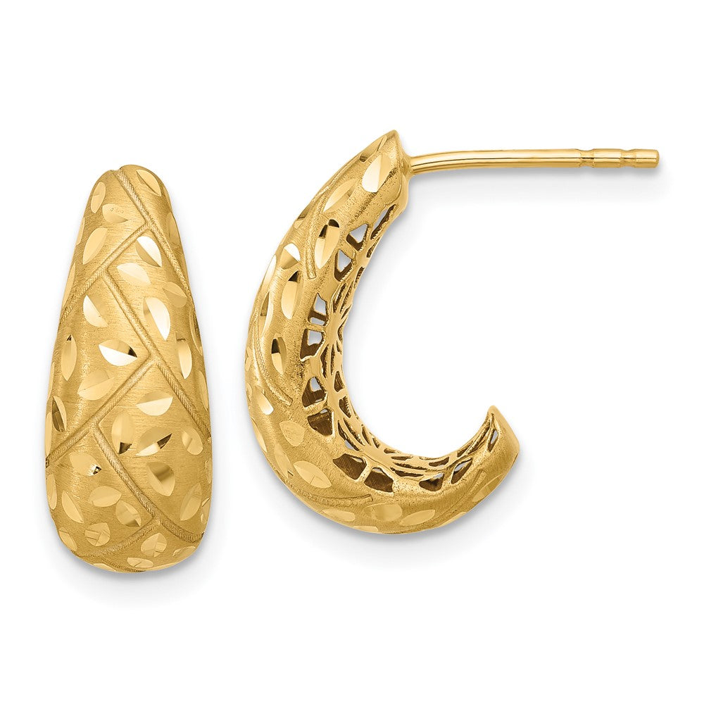 14K Yellow Gold Polished Satin and Diamond-cut J-Hoop Earrings