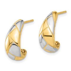 14K Two-Tone Gold Polished and Etched J-Hoop Post Earrings
