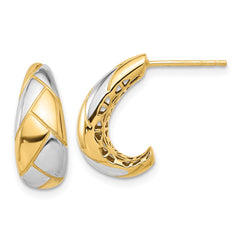 14K Two-Tone Gold Polished and Etched J-Hoop Post Earrings