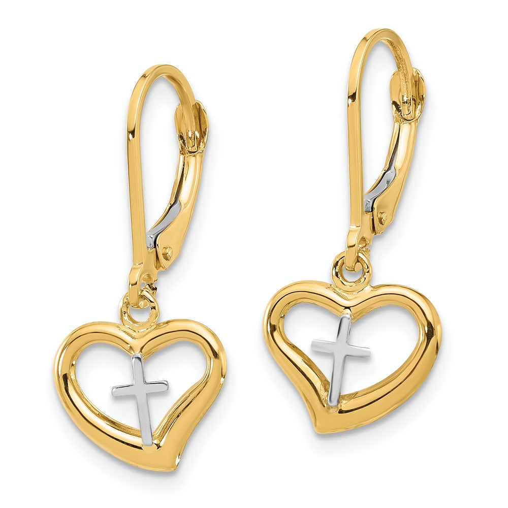 14K Two-Tone Gold Polished Cross in Heart Leverback Dangle Earrings