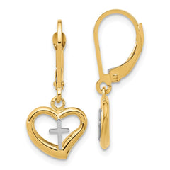 14K Two-Tone Gold Polished Cross in Heart Leverback Dangle Earrings