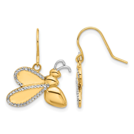 14K Two-Tone Gold Diamond-cut Bee Dangle Earrings