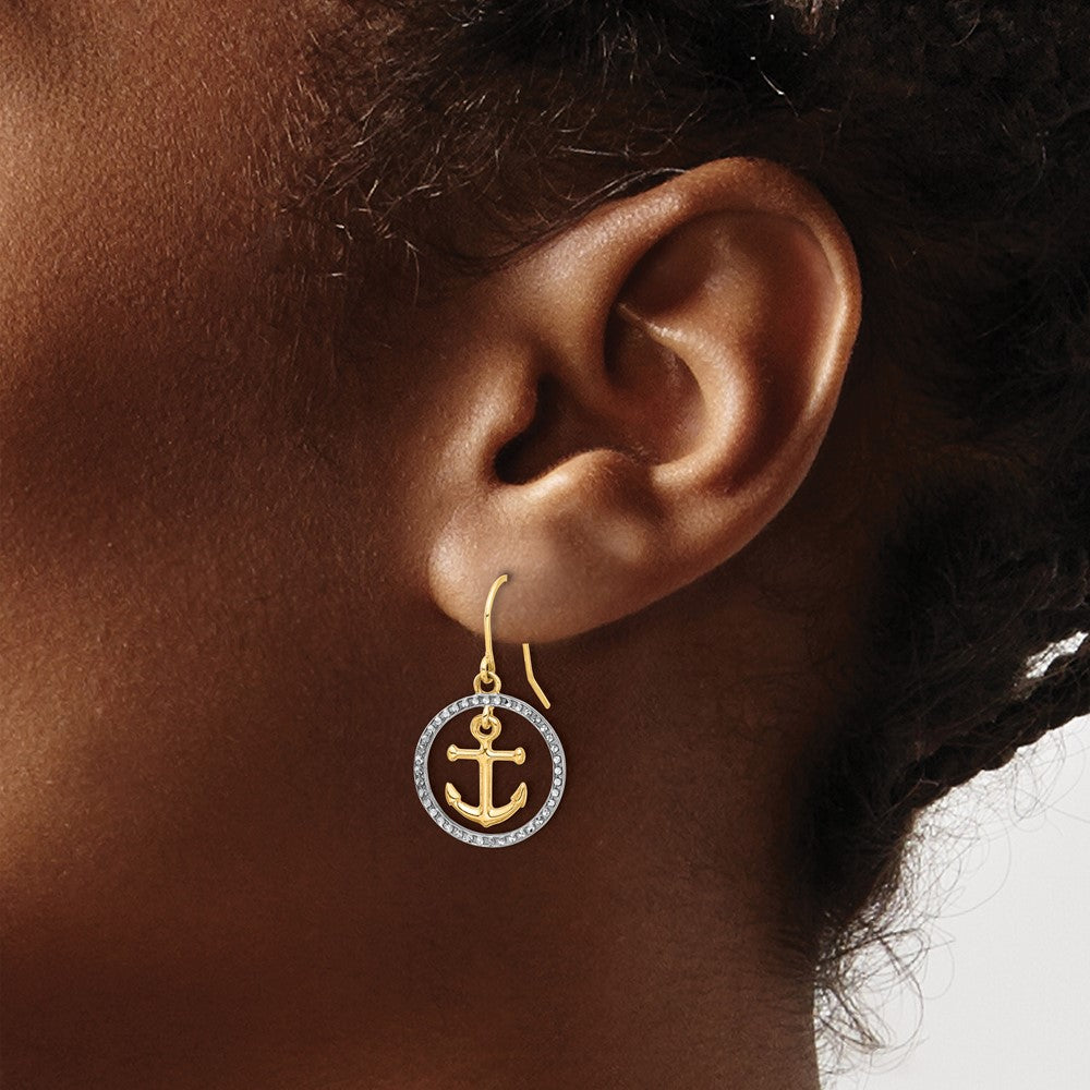 14K Two-Tone Gold Diamond-cut Anchor Dangle in Circle Dangle Earrings