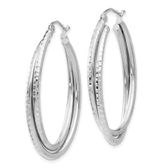 14K White Gold Diamond-cut Polished Oval Hoop Earrings