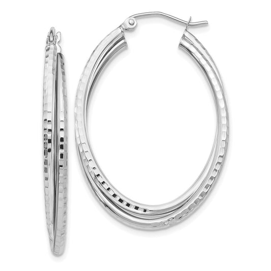 14K White Gold Diamond-cut Polished Oval Hoop Earrings