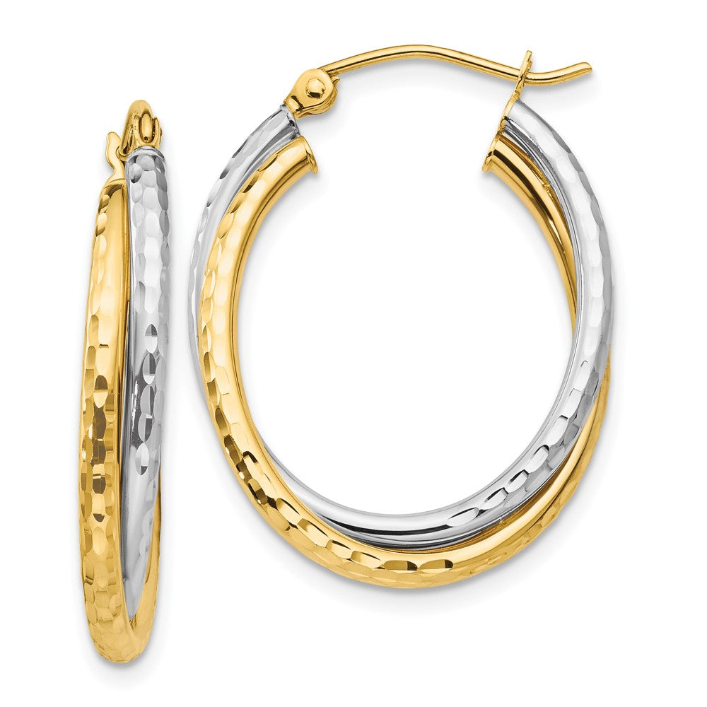14K Two-Tone Gold Diamond-cut Polished Oval Hoop Earrings
