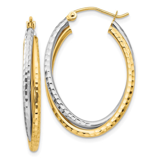 14K Two-Tone Gold Diamond-cut Polished Oval Hoop Earrings