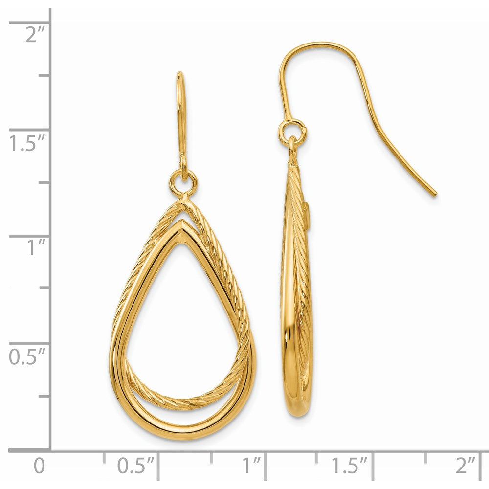 14K Yellow Gold Polished and Textured Teardrop Shepherd Hook Earrings