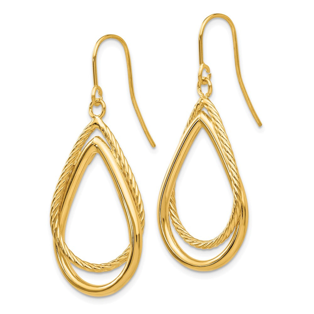 14K Yellow Gold Polished and Textured Teardrop Shepherd Hook Earrings