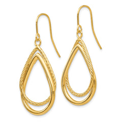14K Yellow Gold Polished and Textured Teardrop Shepherd Hook Earrings