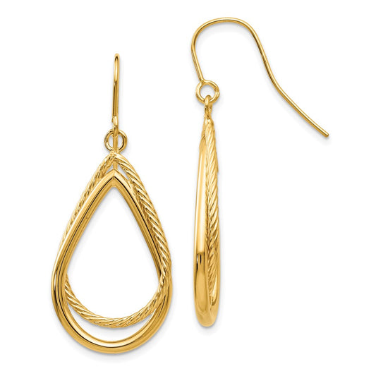 14K Yellow Gold Polished and Textured Teardrop Shepherd Hook Earrings