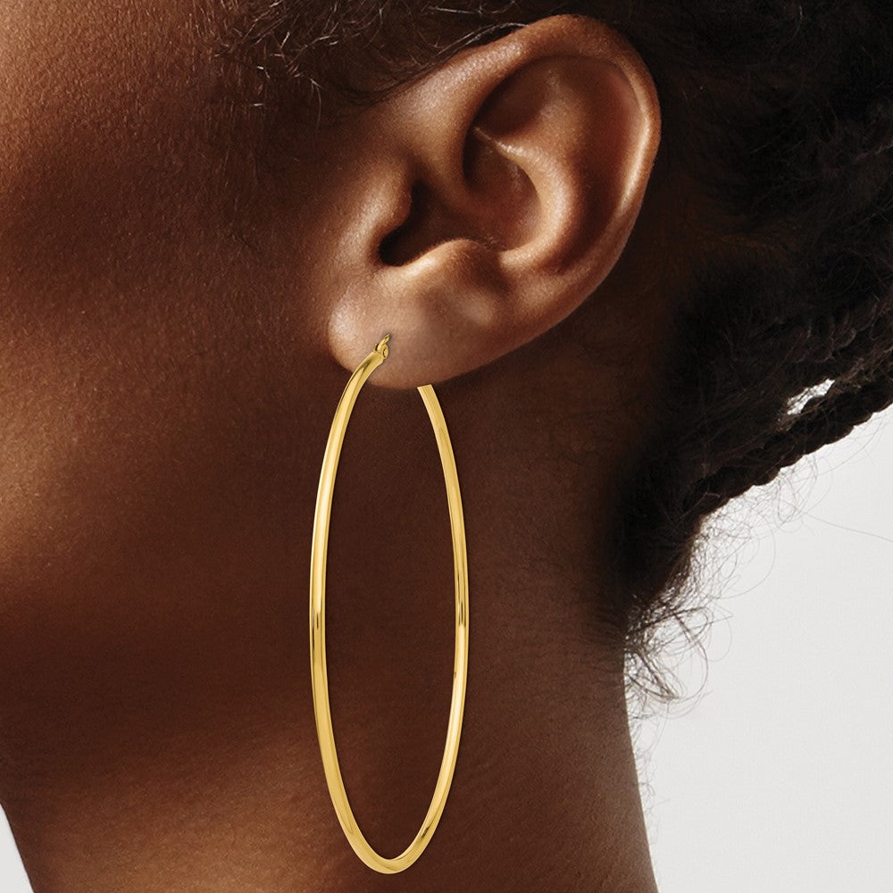 14K Yellow Gold Polished 2x70mm Tube Hoop Earrings