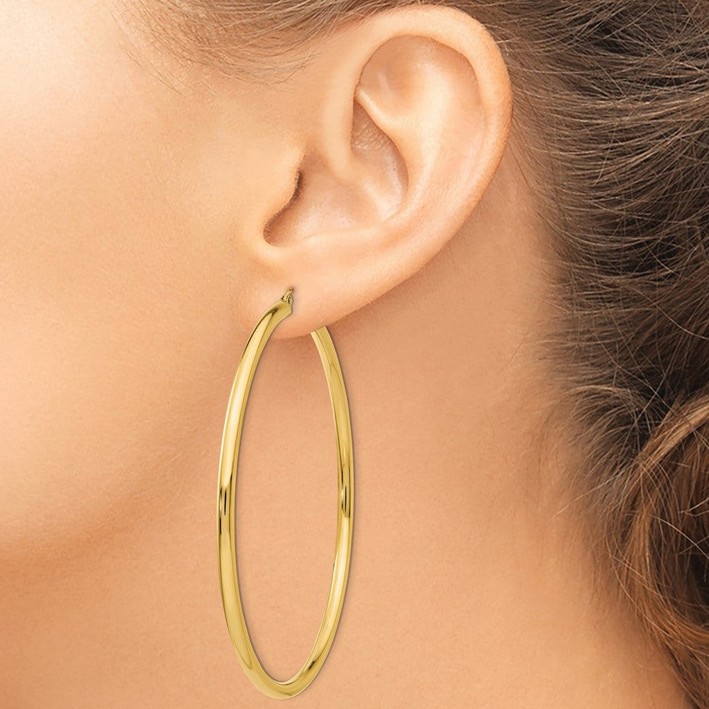 14K Yellow Gold Polished 3x70mm Tube Hoop Earrings