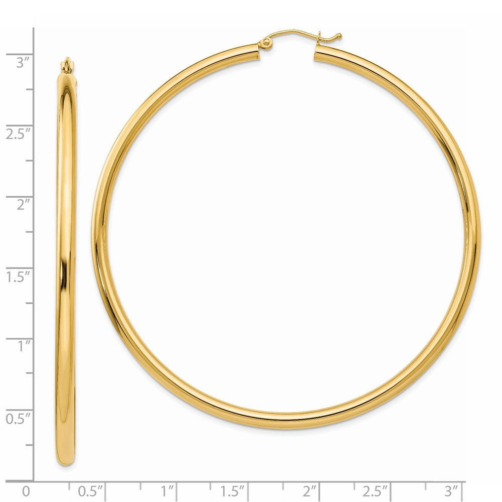 14K Yellow Gold Polished 3x70mm Tube Hoop Earrings