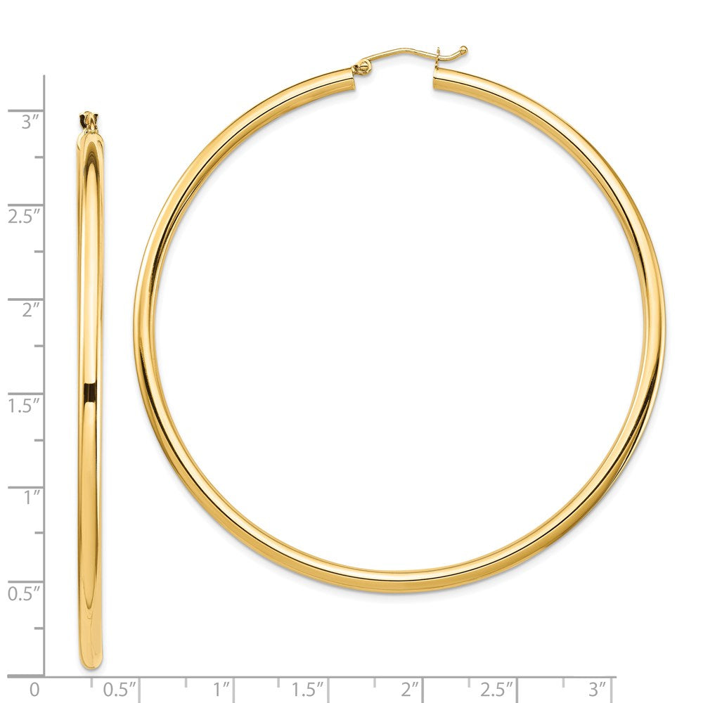 14K Yellow Gold Polished 3x70mm Lightweight Tube Hoop Earrings