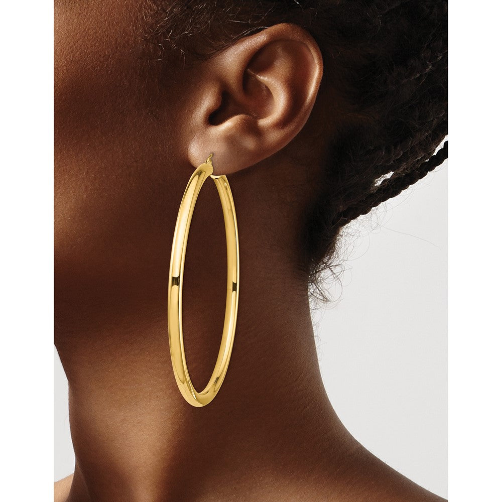 14K Yellow Gold Polished 4x70mm Lightweight Tube Hoop Earrings
