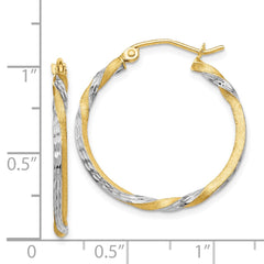 14K Two-Tone Gold Satin Diamond-cut Twisted Hoop Earrings