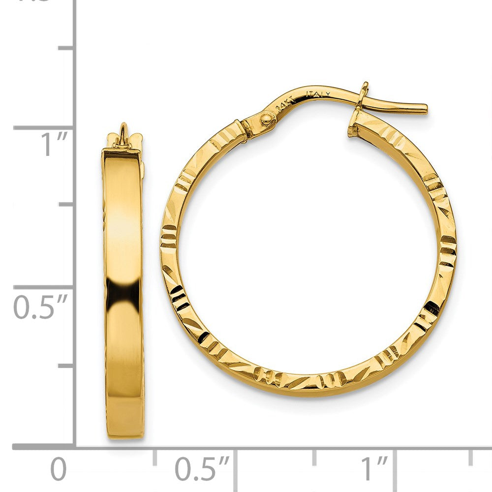 14K Yellow Gold Diamond-cut Edge Medium 3mm Polished Hoop Earrings