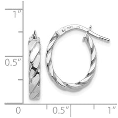 14K White Gold 3mm Patterned Oval Hoop Earrings