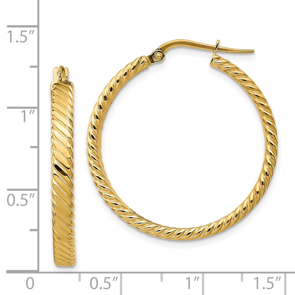 14K Yellow Gold Large 3mm Patterned Hoop Earrings