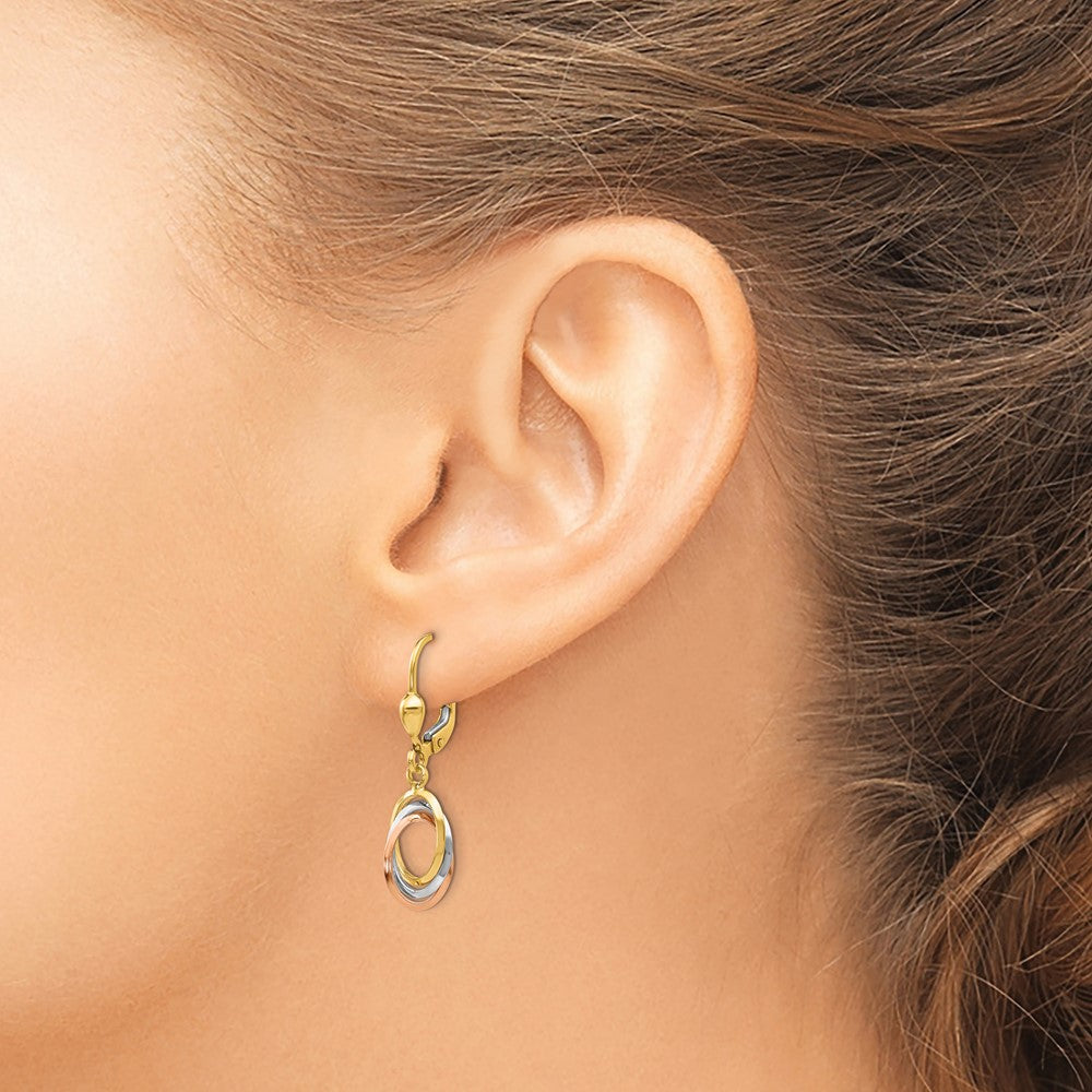 14K Tri-Color Gold Polished Dangle Leverback Earrings