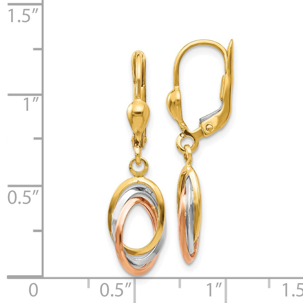 14K Tri-Color Gold Polished Dangle Leverback Earrings