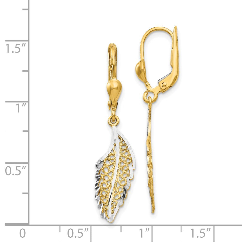 14K Two-Tone Gold Polished and Textured Leaf Leverback Earrings