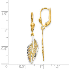 14K Two-Tone Gold Polished and Textured Leaf Leverback Earrings