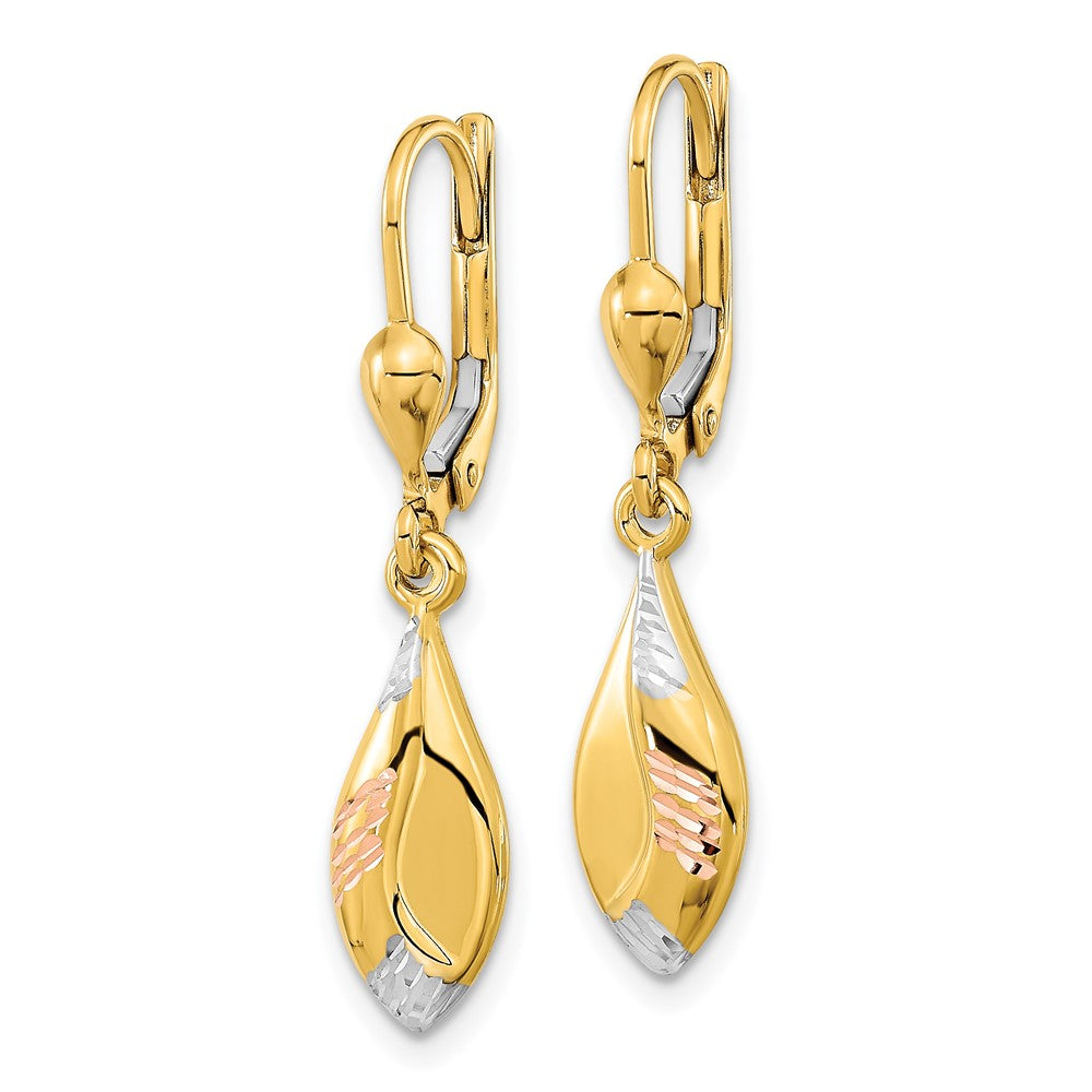 14K Tri-Color Gold Diamond-cut Dangle Leverback Earrings