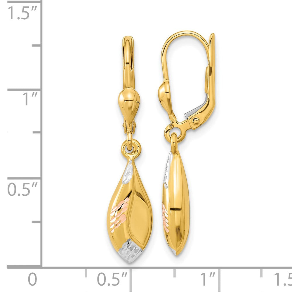 14K Tri-Color Gold Diamond-cut Dangle Leverback Earrings