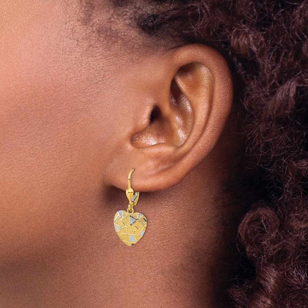 14K Two-Tone Gold Textured Heart Leverback Earrings