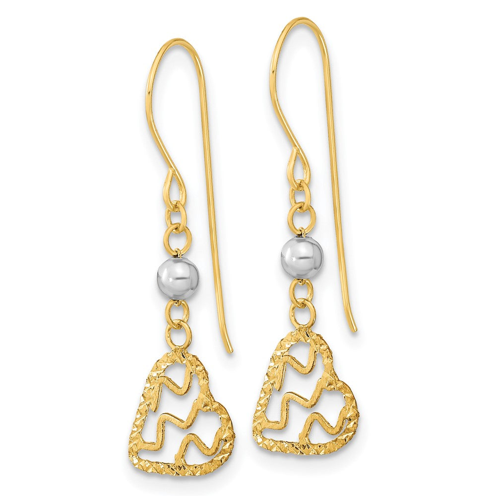 14K Two-Tone Gold Diamond-cut Heart Dangle Shepherd Hook Earrings