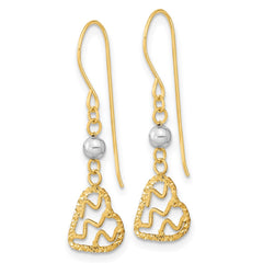 14K Two-Tone Gold Diamond-cut Heart Dangle Shepherd Hook Earrings