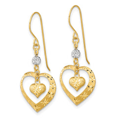 14K Two-Tone Gold Satin Diamond-cut Heart Dangle Shepherd Hook Earrings