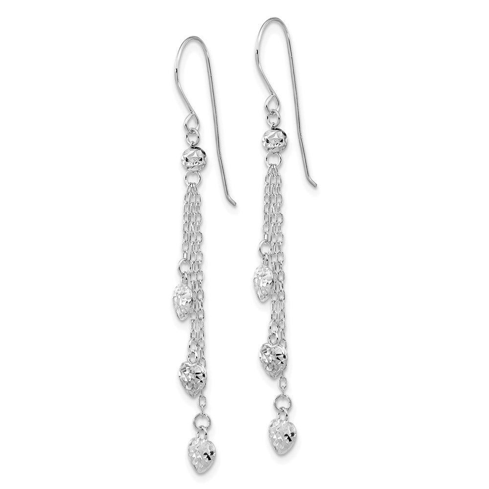 14K White Gold Diamond-cut Triple Heart Dangle Shepherd Hook Earrings