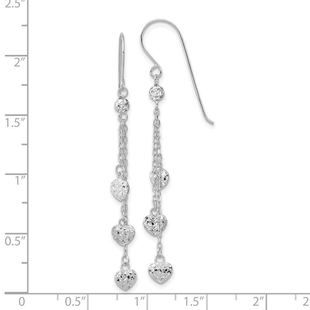 14K White Gold Diamond-cut Triple Heart Dangle Shepherd Hook Earrings