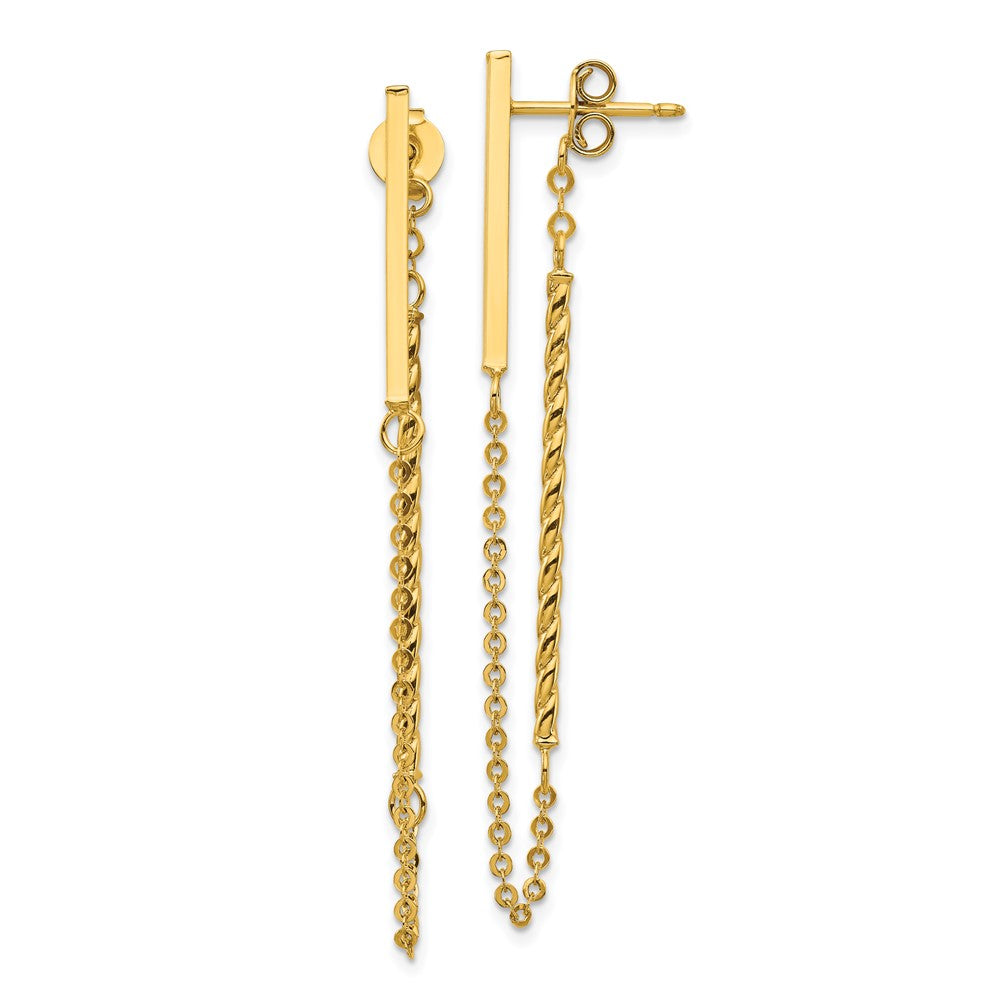 14K Yellow Gold Polished and Twisted Bar with Chain Post Earrings