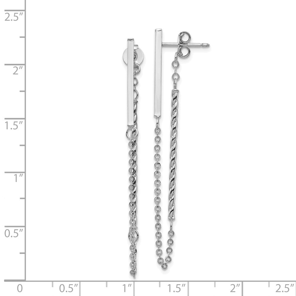 14K White Gold Polished and Twisted Bar with Chain Post Earrings