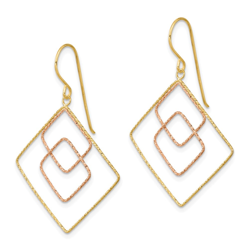 14K Two-Tone Gold Diamond-cut Graduated Square Shepherd Hook Earrings