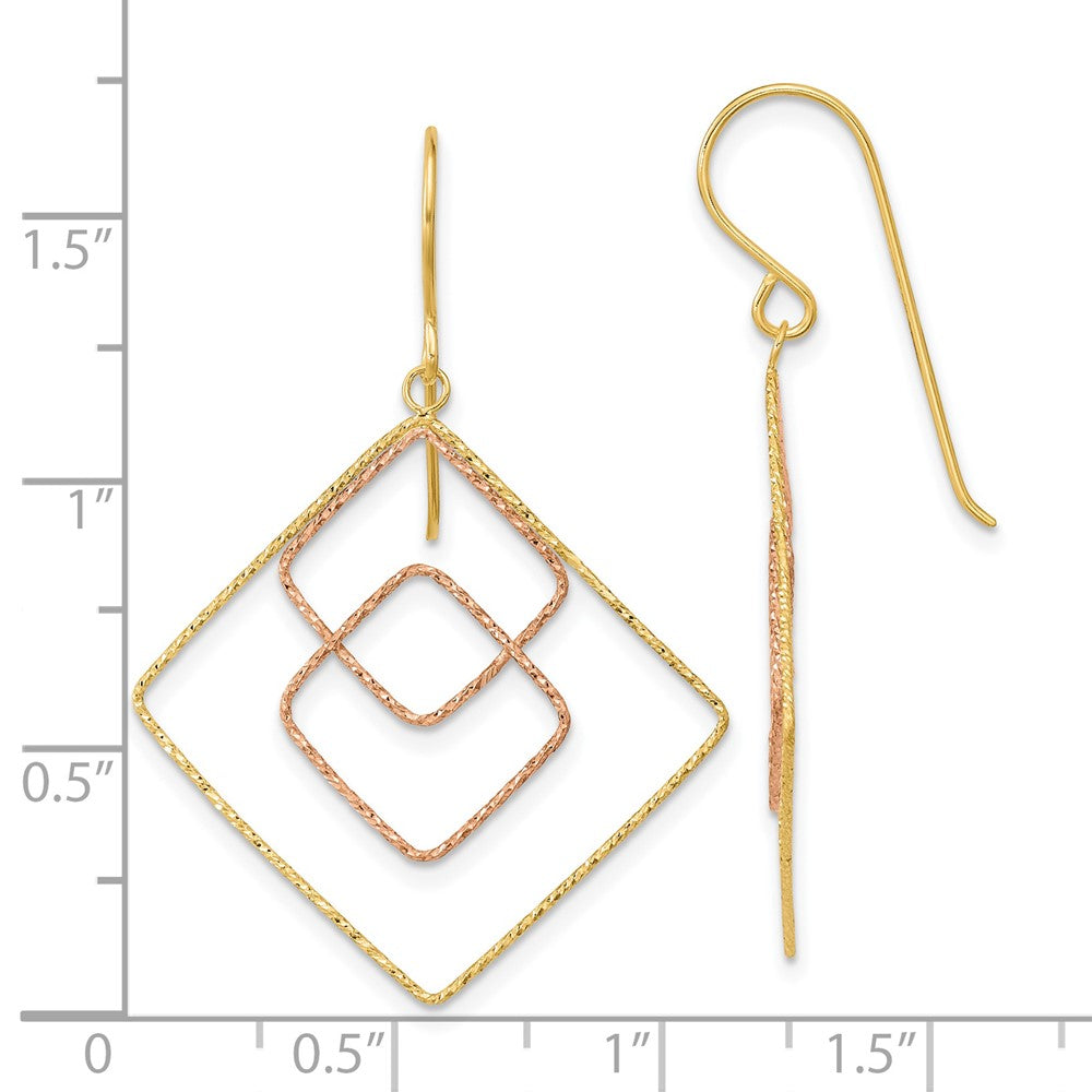 14K Two-Tone Gold Diamond-cut Graduated Square Shepherd Hook Earrings
